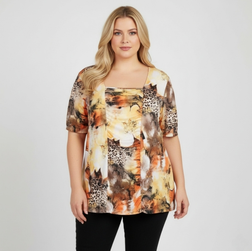 Claire France Women's Multicolor Animal Print/floral Top, Plus Size 2X